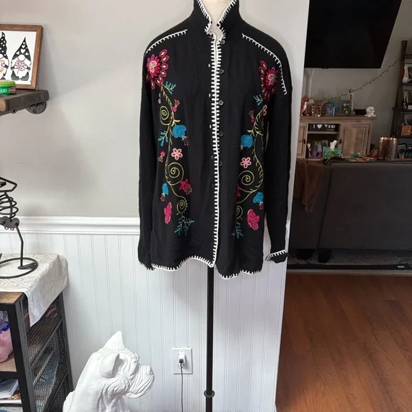 Johnny Was Black Floral Embroidered Cardigan - Picture 1 of 8
